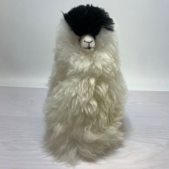 Real Alpaca White Black Plush Stuffed Animal Llama with Natural Fur - Picture 1 of 9